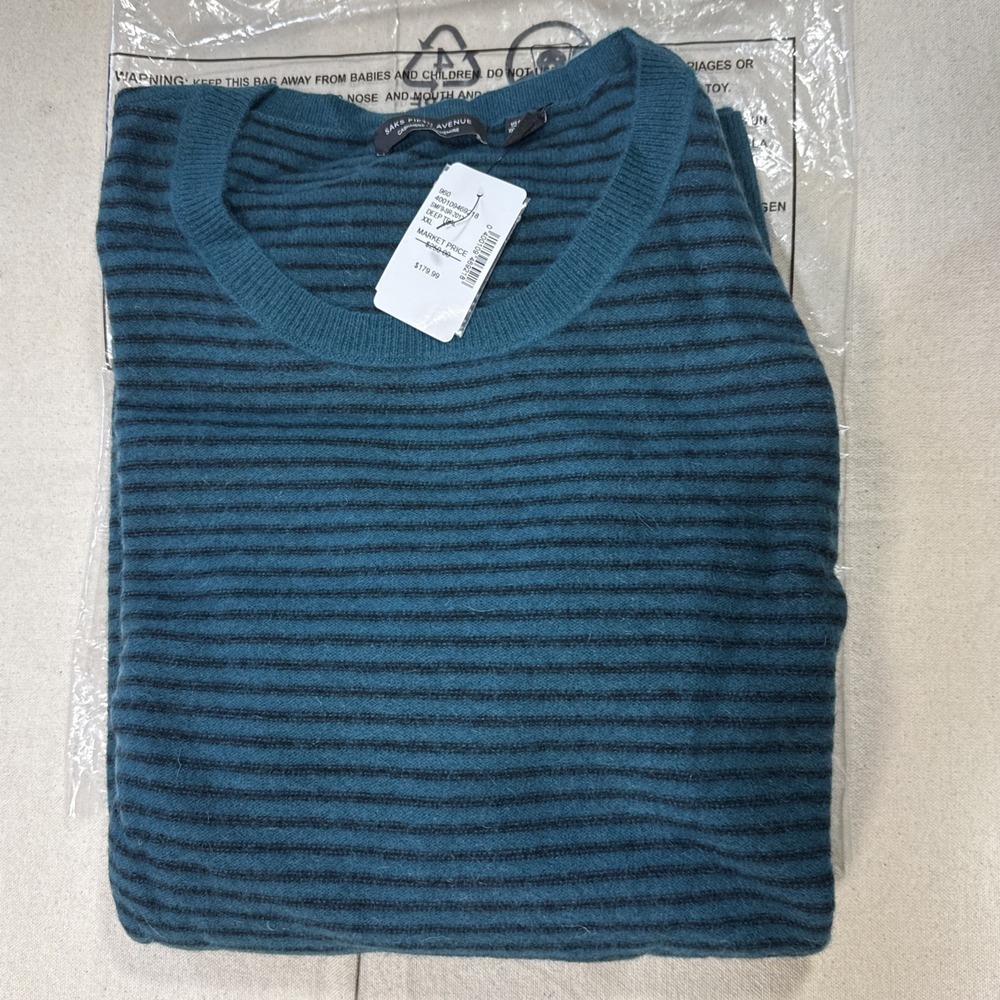 Saks Fifth Avenue Cashmere Sweater Mens XXL Deep Teal Striped - NWT.